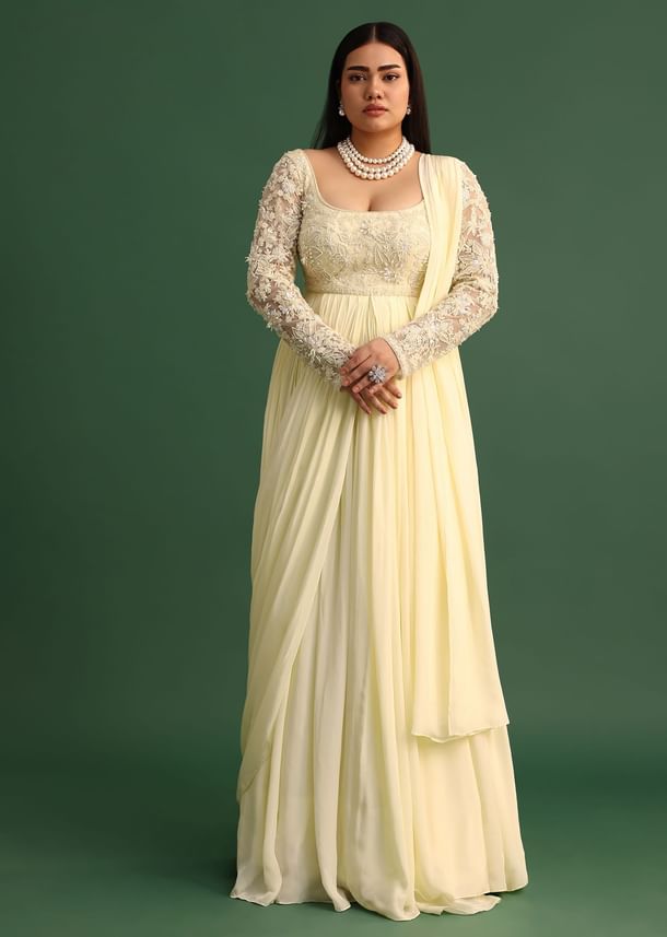 Off White Pallu Style Draped Anarkali Suit Off White Pallu Style Draped Anarkali Suit