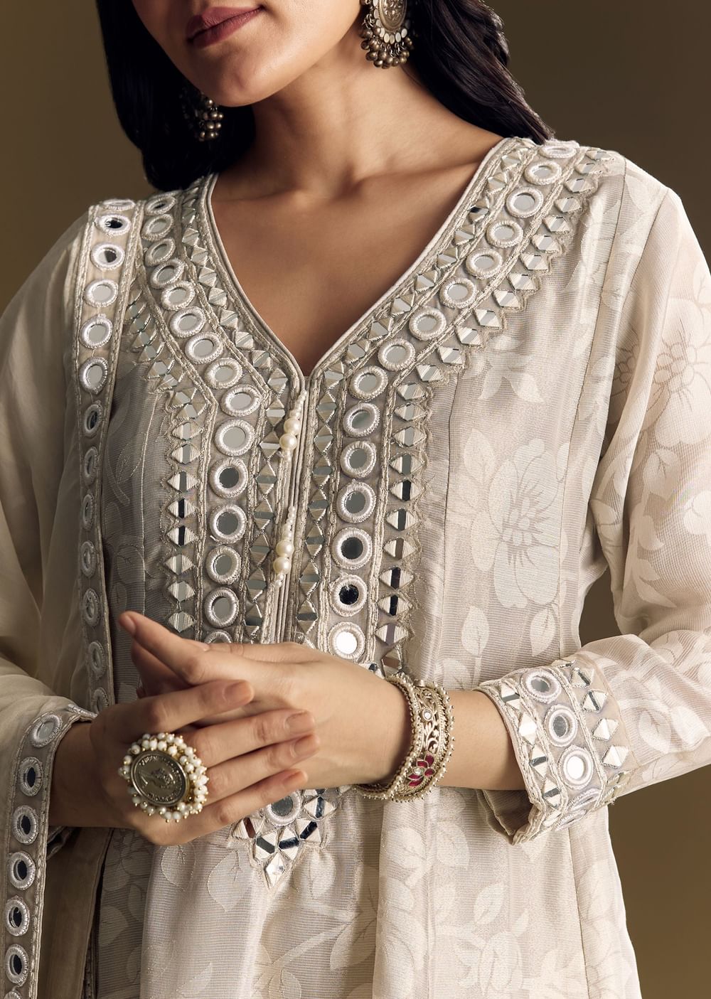 Off White Patiala Suit With Mirror Work Kurta Dupatta