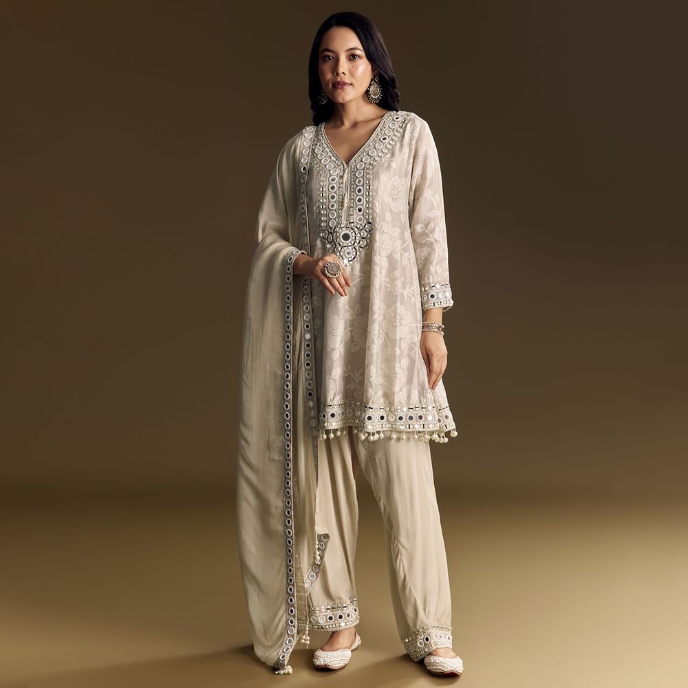 Off White Patiala Suit With Mirror Work Kurta Dupatta