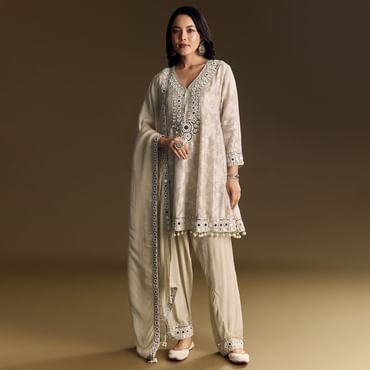 Off White Patiala Suit With Mirror Work Kurta Dupatta