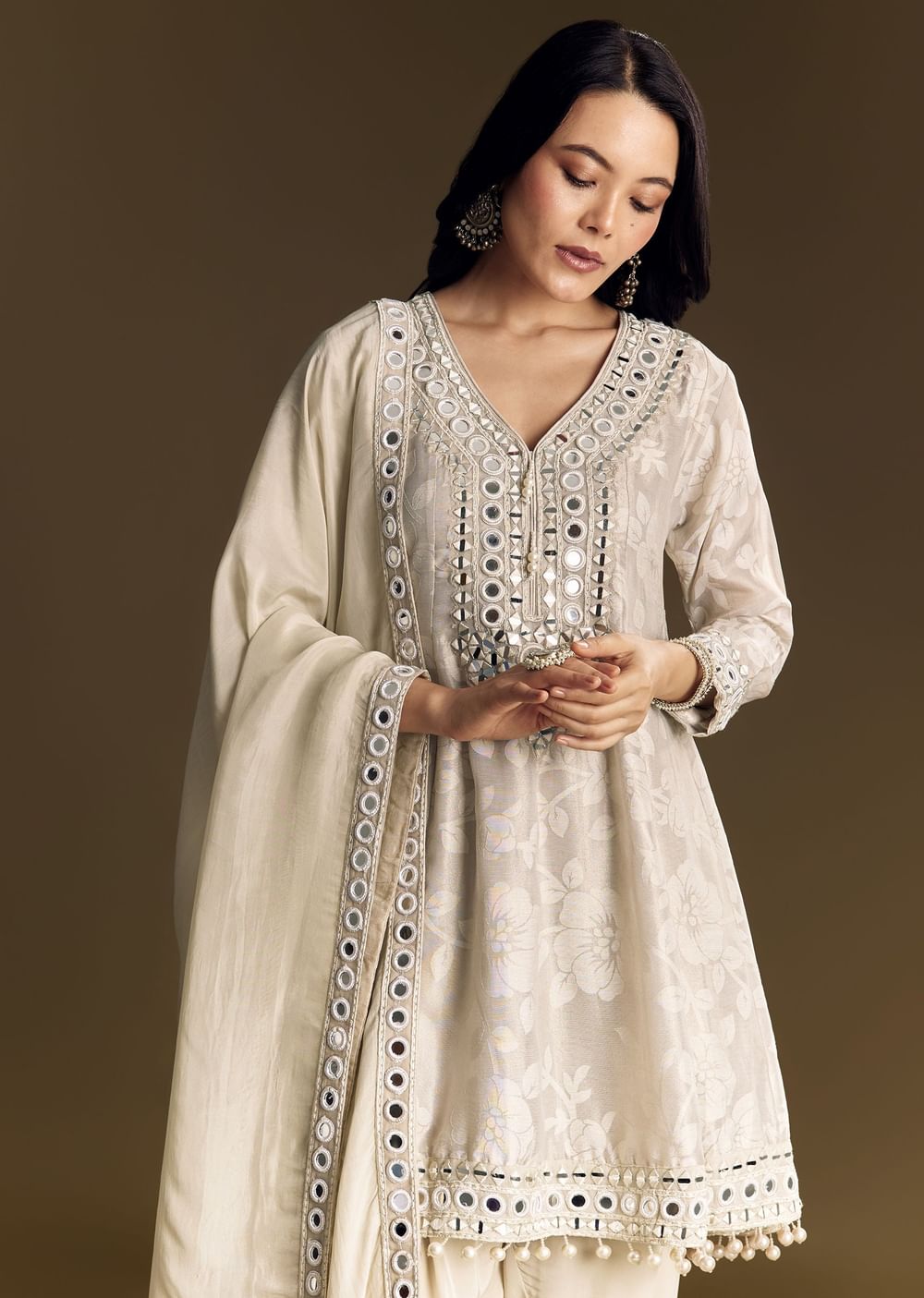 Off White Patiala Suit With Mirror Work Kurta Dupatta