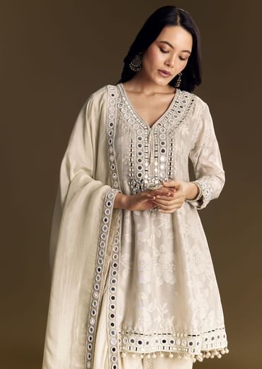 Off White Patiala Suit With Mirror Work Kurta Dupatta