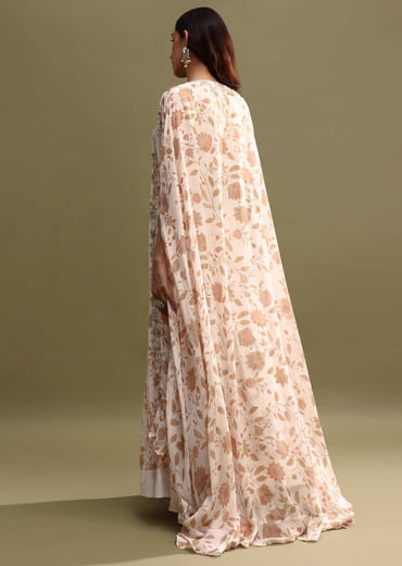 Off White Printed Chiffon Lehenga Choli Set