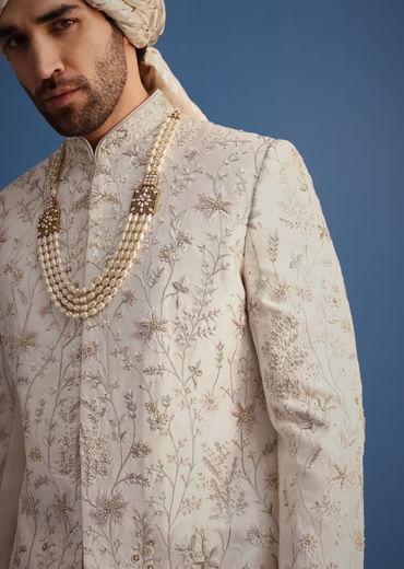Off White Raw Silk Embroidered Sherwani Suit