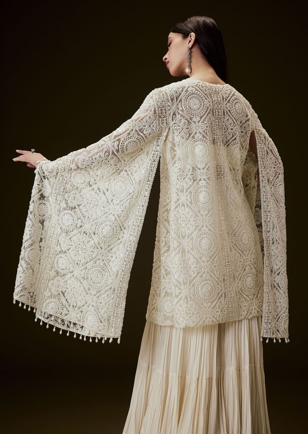 Off White Sequence Crepe Gathered Sharara Set With Fancy Sleeves Jacket