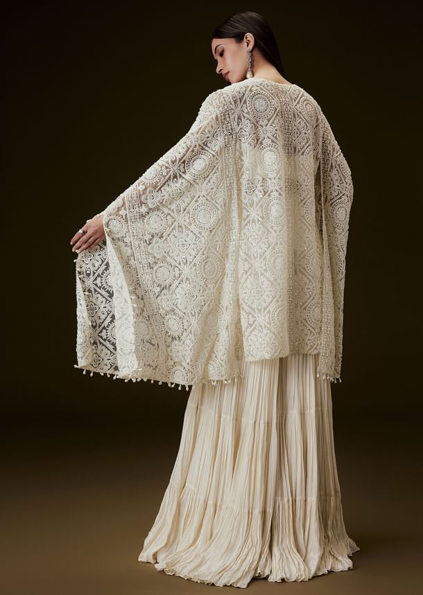 Off White Sequence Crepe Gathered Sharara Set With Fancy Sleeves Jacket