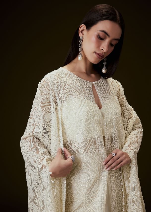 Off White Sequence Crepe Gathered Sharara Set With Fancy Sleeves Jacket