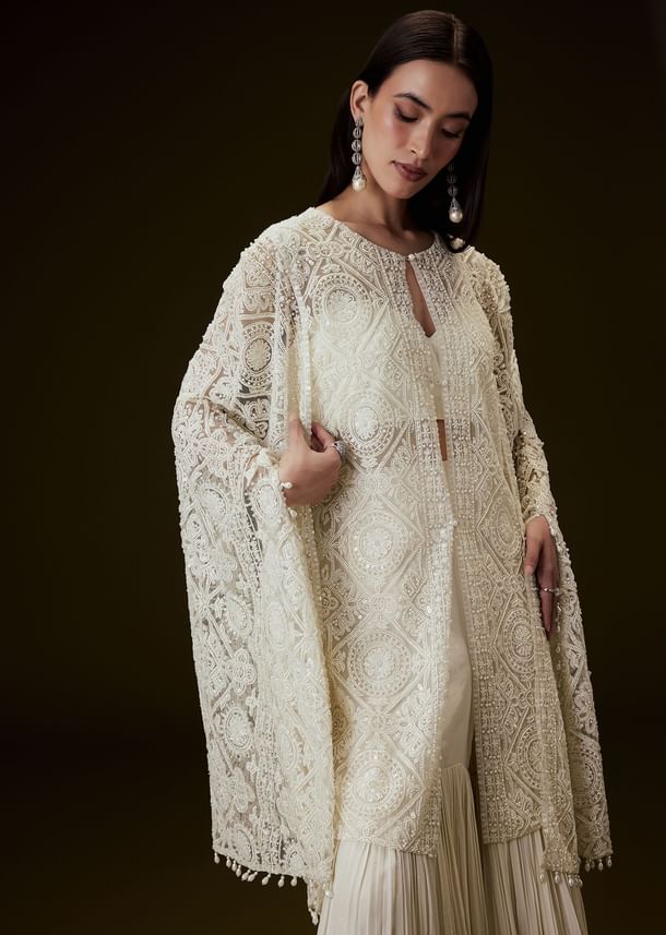 Off White Sequence Crepe Gathered Sharara Set With Fancy Sleeves Jacket