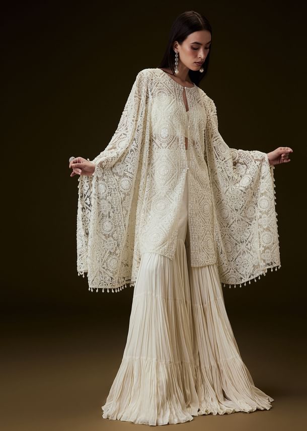 Off White Sequence Crepe Gathered Sharara Set With Fancy Sleeves Jacket