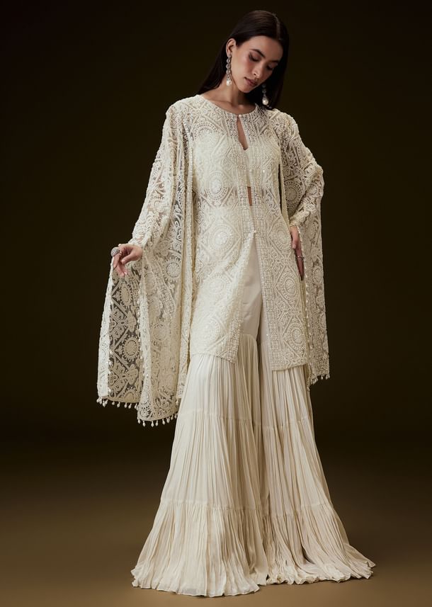 Off White Sequence Crepe Gathered Sharara Set With Fancy Sleeves Jacket