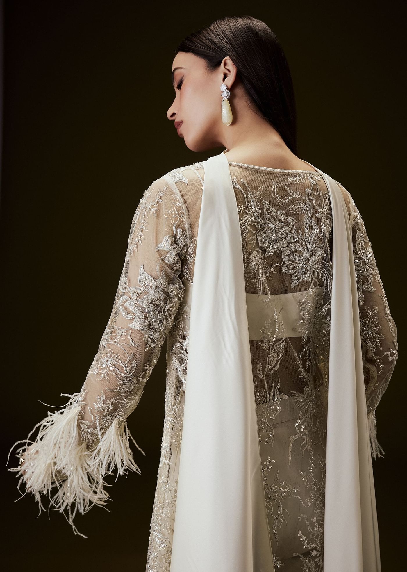 Off White Sequence Embroidered Sharara Set With Feather Sleeves Jacket And Bustier