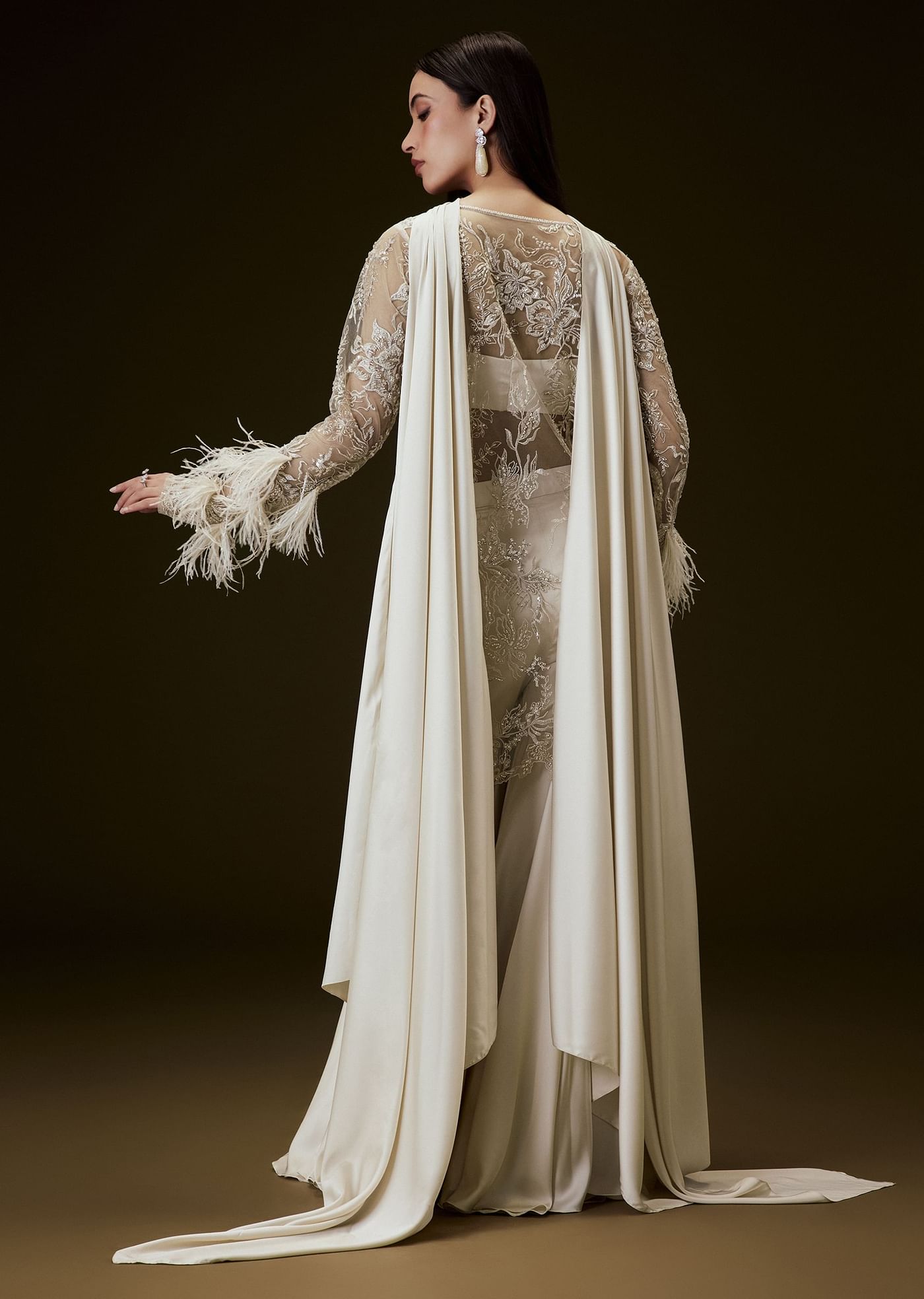 Off White Sequence Embroidered Sharara Set With Feather Sleeves Jacket And Bustier