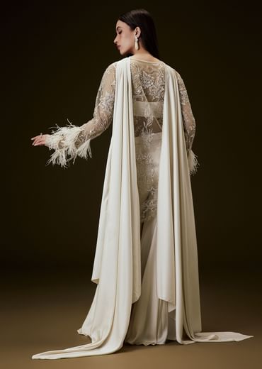 Off White Sequence Embroidered Sharara Set With Feather Sleeves Jacket And Bustier
