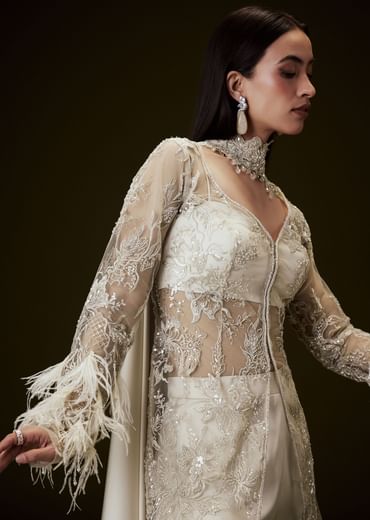 Off White Sequence Embroidered Sharara Set With Feather Sleeves Jacket And Bustier