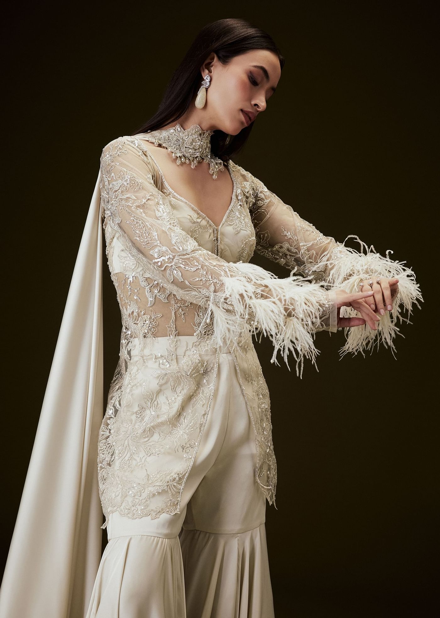 Off White Sequence Embroidered Sharara Set With Feather Sleeves Jacket And Bustier
