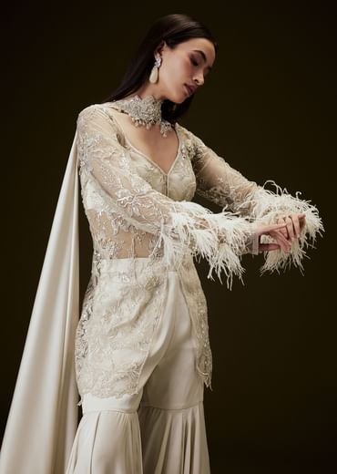 Off White Sequence Embroidered Sharara Set With Feather Sleeves Jacket And Bustier