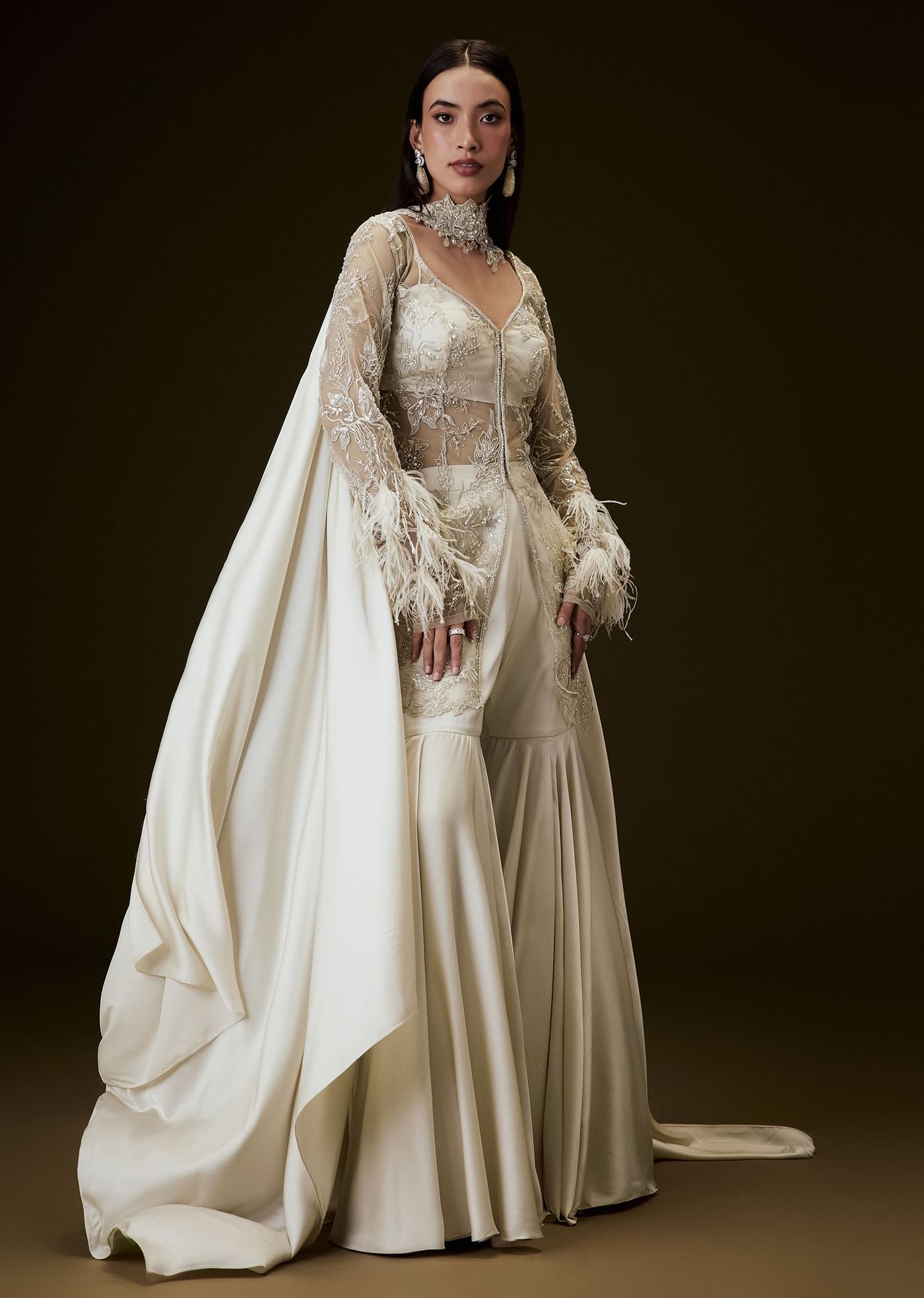 Off White Sequence Embroidered Sharara Set With Feather Sleeves Jacket And Bustier