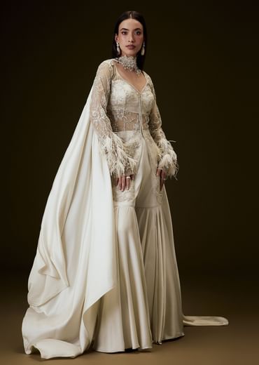 Off White Sequence Embroidered Sharara Set With Feather Sleeves Jacket And Bustier