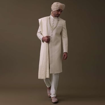 Off White Sherwani Set In Silk With Lucknowi Embroidery