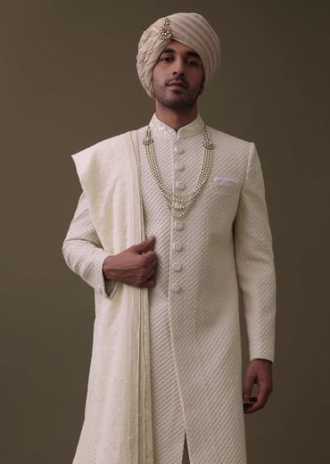 Off White Sherwani Set In Silk With Lucknowi Embroidery