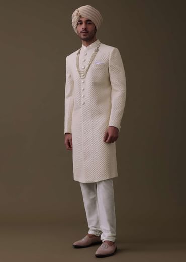 Off White Sherwani Set In Silk With Lucknowi Embroidery