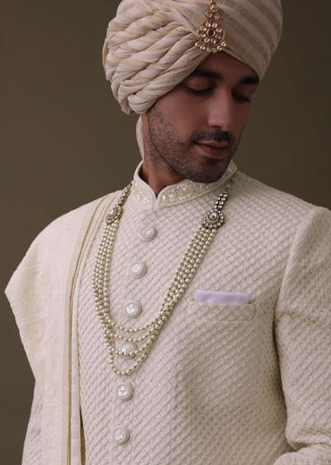 Off White Sherwani Set In Silk With Lucknowi Embroidery