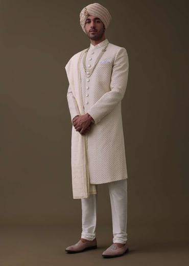 Off White Sherwani Set In Silk With Lucknowi Embroidery