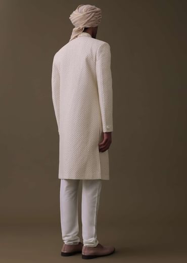 Off White Sherwani Set In Silk With Lucknowi Embroidery