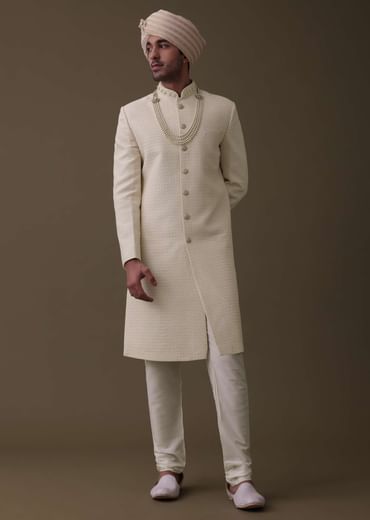 Off White Silk Sherwani Set With Lucknowi Embroidery And Mala