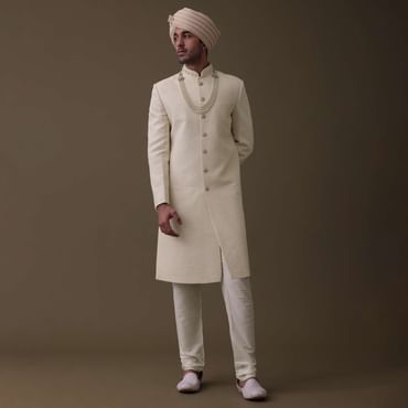 Off White Silk Sherwani Set With Lucknowi Embroidery And Mala