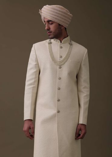 Off White Silk Sherwani Set With Lucknowi Embroidery And Mala