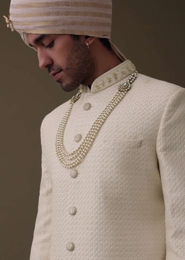 Off White Silk Sherwani Set With Lucknowi Embroidery And Mala