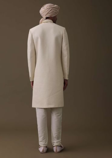 Off White Silk Sherwani Set With Lucknowi Embroidery And Mala