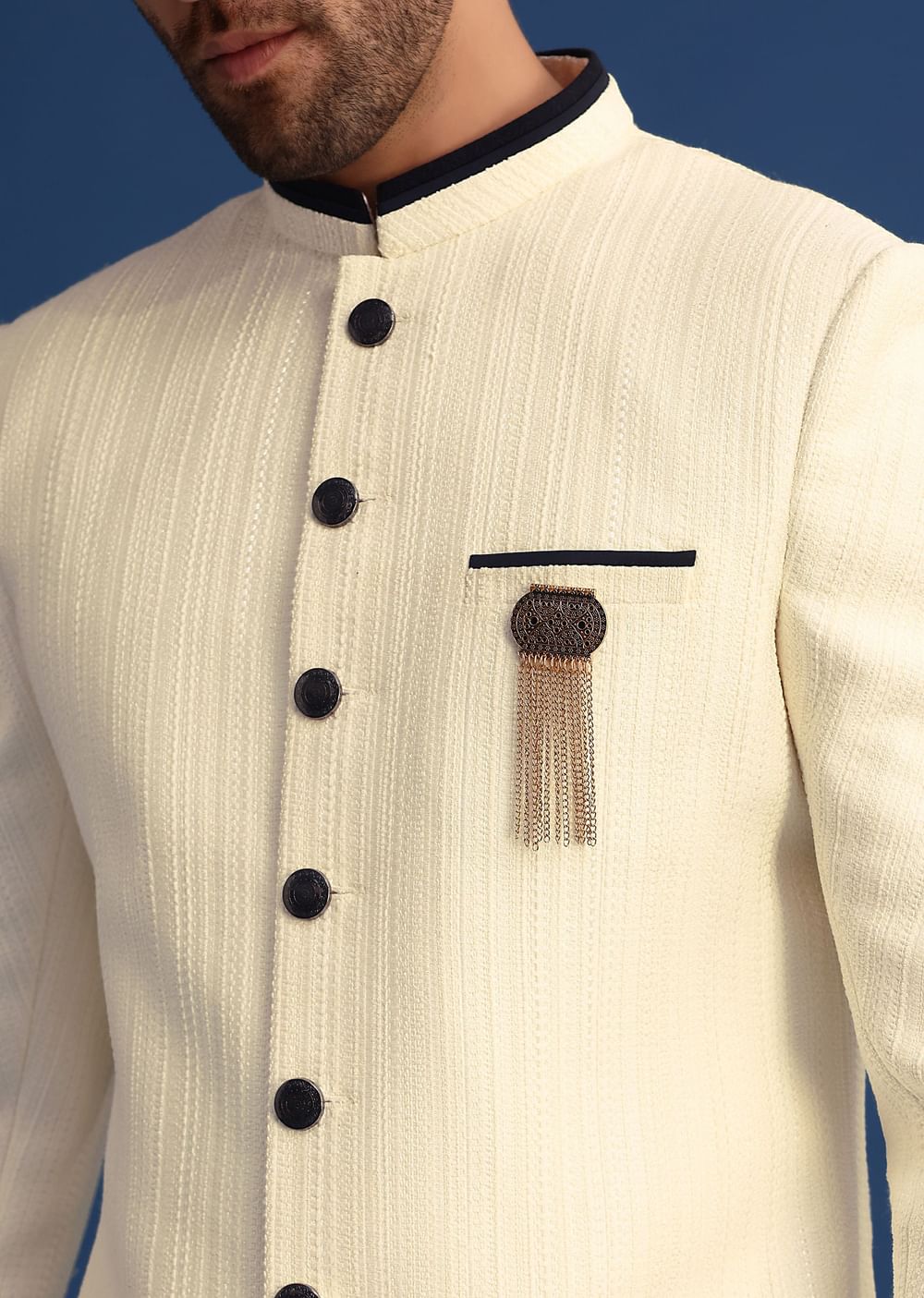 Off White Silk Blend Jodhpuri Set with Textured Detail