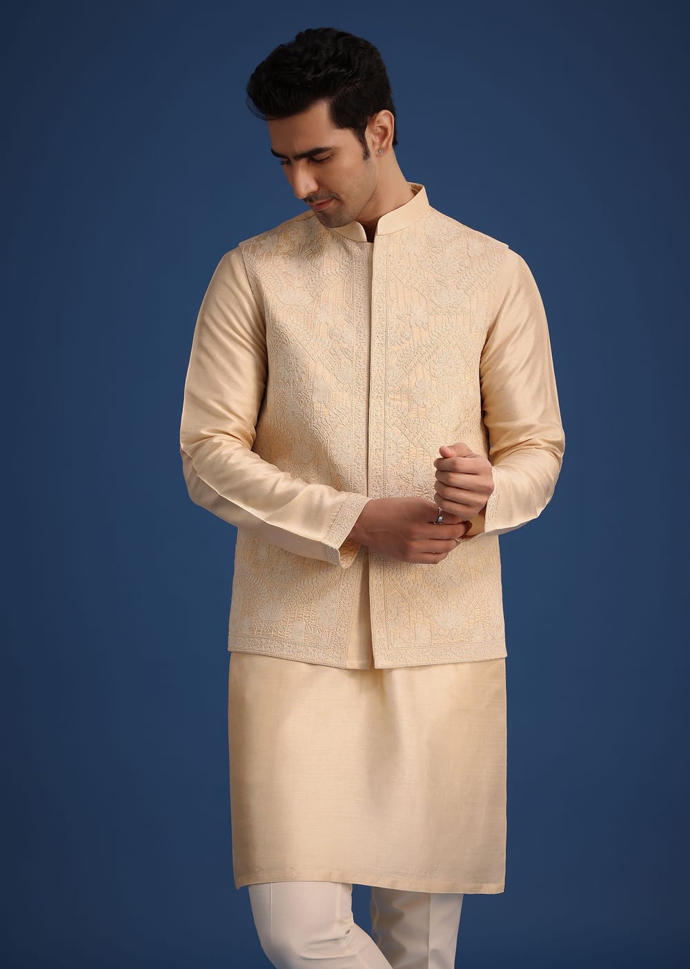 Off White Silk Embroidered Jacket And Kurta Set KALKI FASHION UK