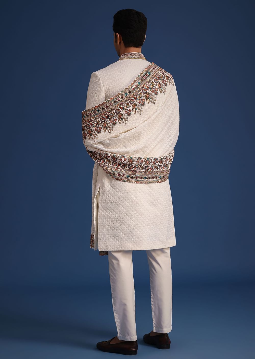 Off White Silk Embroidered Sherwani Set With Dupatta