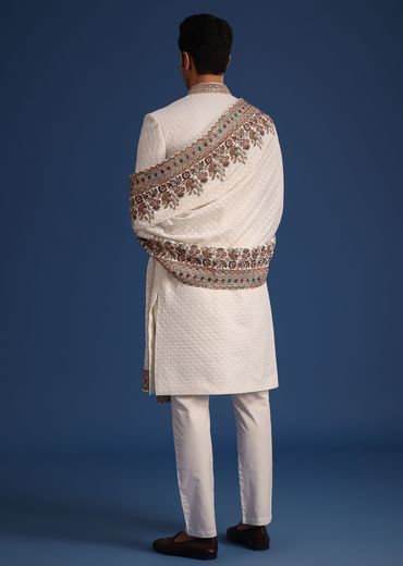 Off White Silk Embroidered Sherwani Set With Dupatta