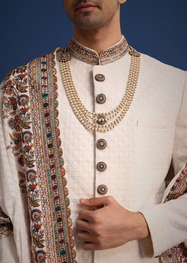 Off White Silk Embroidered Sherwani Set With Dupatta