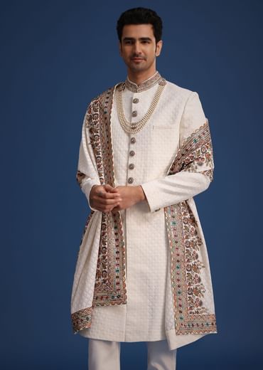 Off White Silk Embroidered Sherwani Set With Dupatta