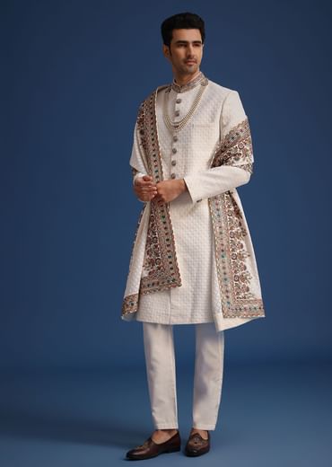 Off White Silk Embroidered Sherwani Set With Dupatta