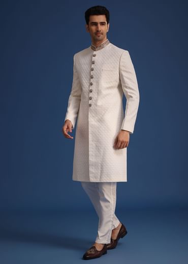 Off White Silk Embroidered Sherwani Set With Dupatta