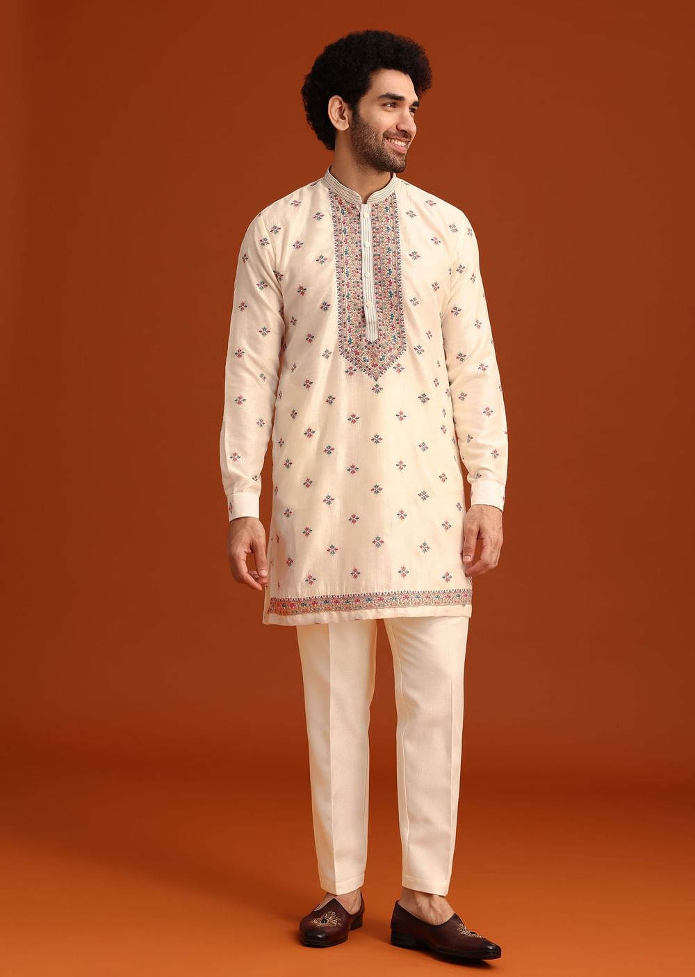 Off White Silk Resham Work Kurta Jacket Set