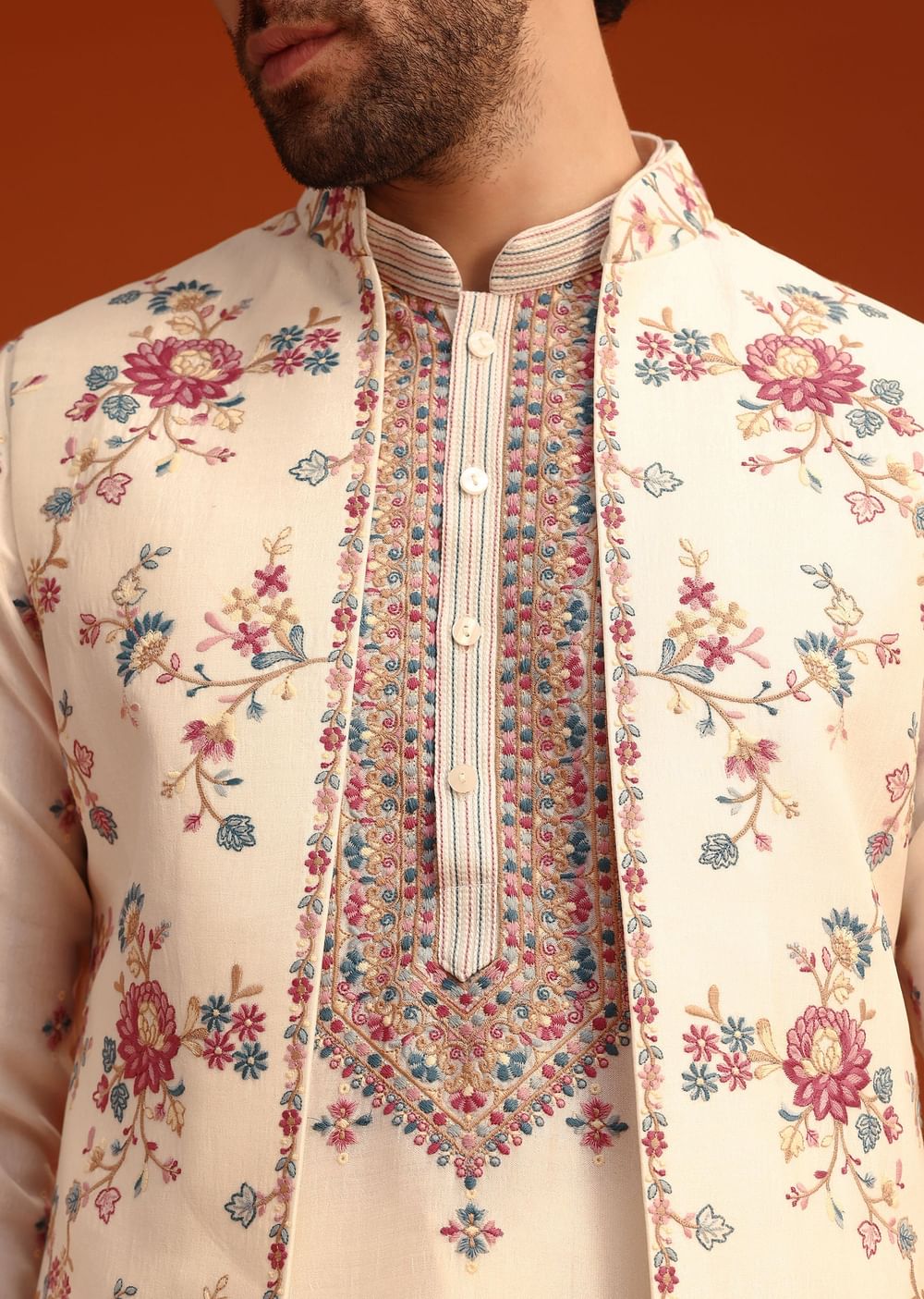 Off White Silk Resham Work Kurta Jacket Set