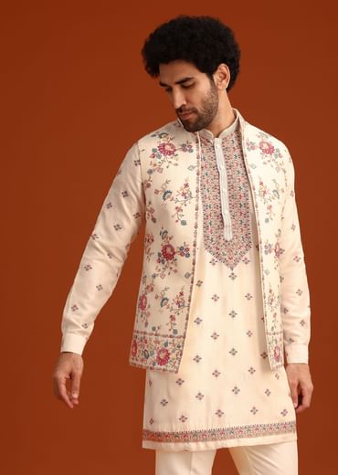Off White Silk Resham Work Kurta Jacket Set