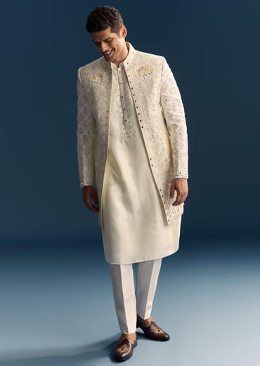 Off White Silk Sherwani For Men With Resham And Mirror Work