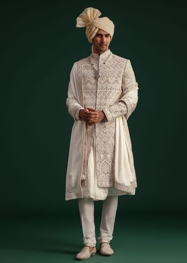 Off White Silk Threadwork Sherwani Suit With Dupatta And Mala