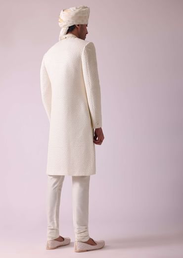 Off White Thread Embroidered Sherwani Set In Georgette