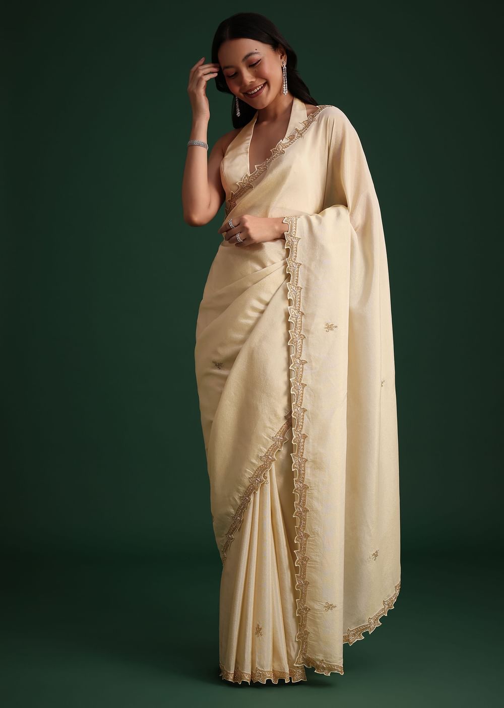 Off White Tissue Cutdana Saree With Cutwork Border