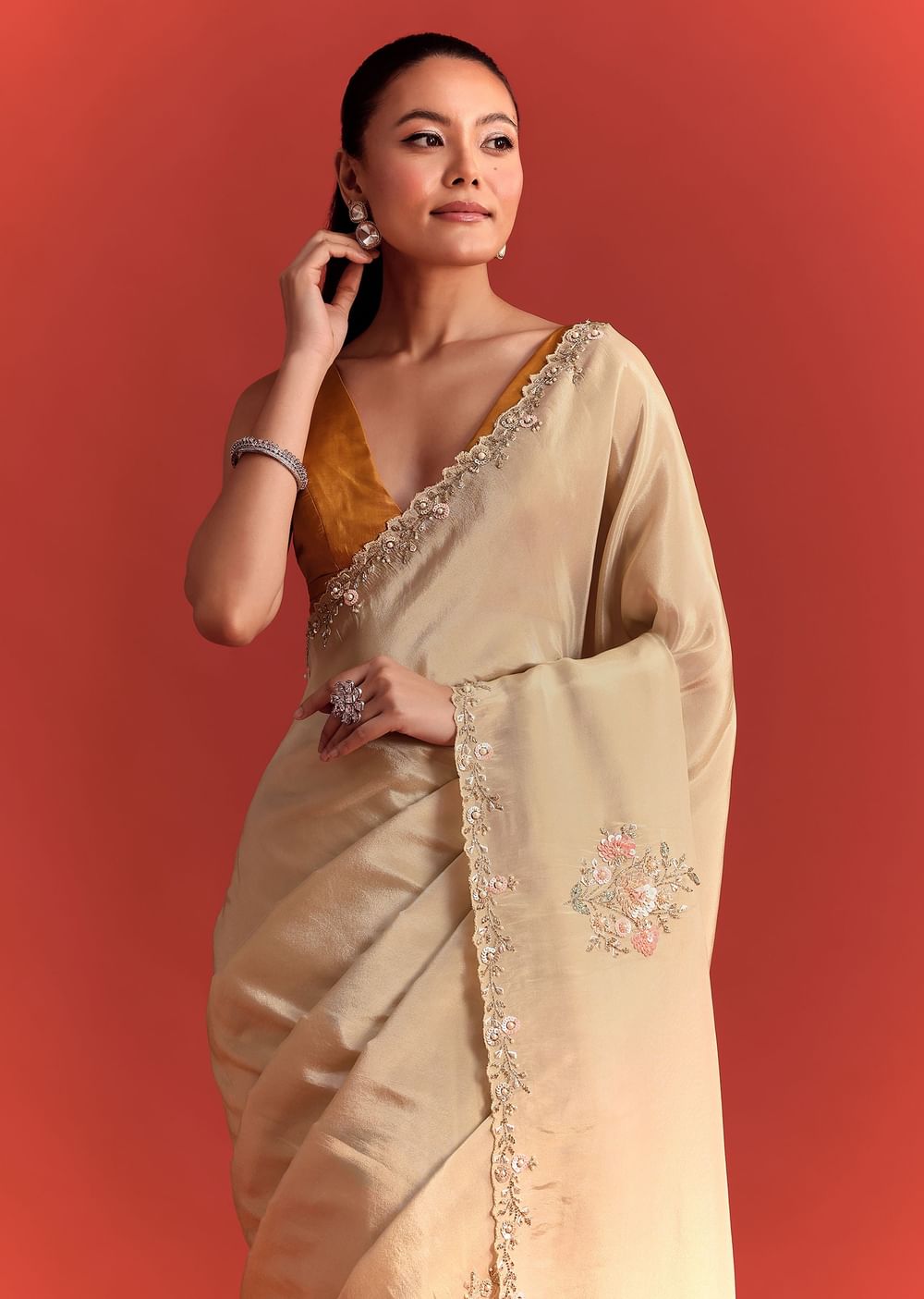 Off White Tissue Saree With Cutdana And Stone Work