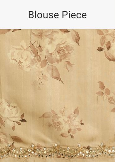 Off White Tussar Silk Floral Print Saree with Mirror Work